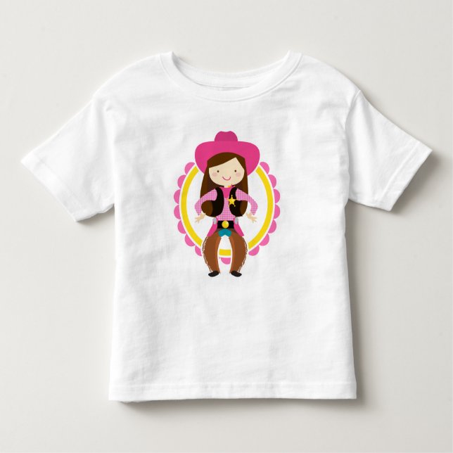 Camiseta Infantil Brunette Cowgirl - País rodeado ocidental, rosa-cl (Frente)
