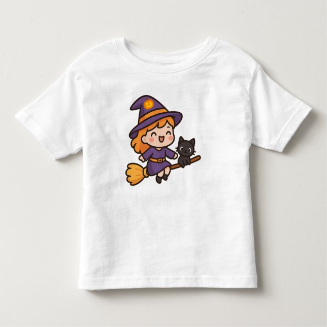 Camiseta Infantil Bruxa Kawaii Fofa e Desenho de Halloween de Gato (Frente)