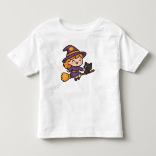 Camiseta Infantil Bruxa Kawaii Fofa e Design de Halloween de Gato
