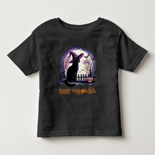 Camiseta Infantil Bruxa Negra de Gato e Morcegos do Halloween (Frente)