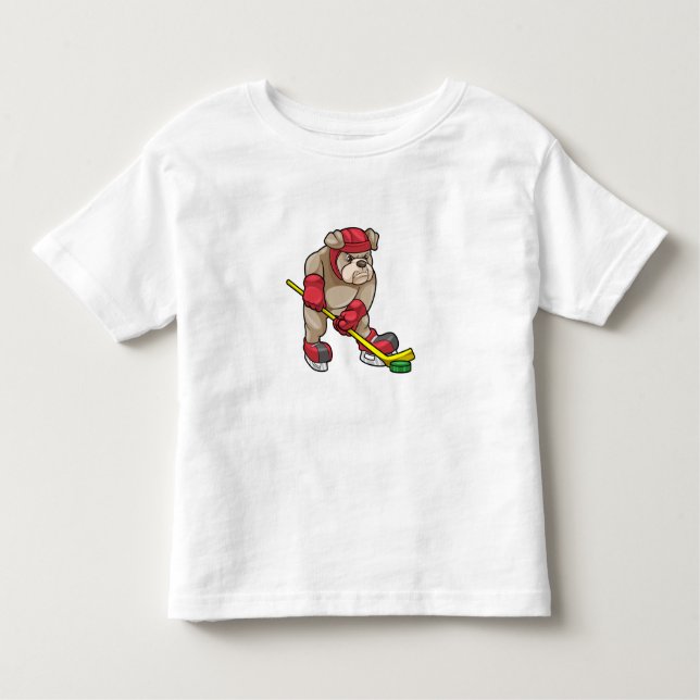 Camiseta Infantil Buldogue no hóquei no gelo com bastão de hóquei (Frente)