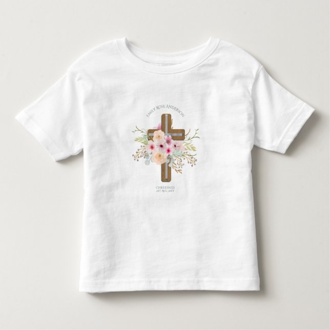 Camiseta Infantil Buquê Cruz Floral Rosa Menina Batismo Batizado (Frente)