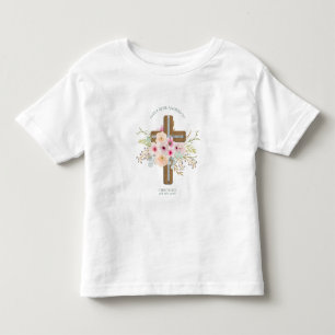 Camiseta Infantil Buquê de Cruz Floral Rosa para Batismo de Menina