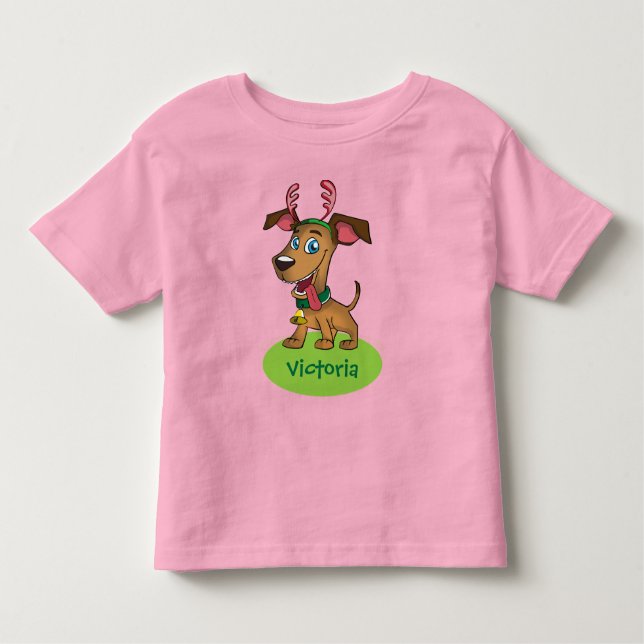 Camiseta Infantil Cachorro de Cartoon de Natal com Nome Infantil (Frente)