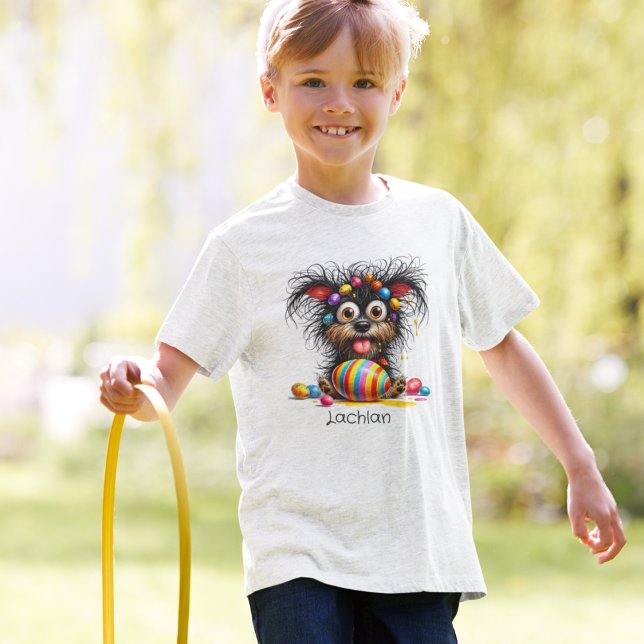 Camiseta Infantil Cachorro Excêntrico Com Ovos da Páscoa no Cabelo (Criador carregado)