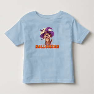 Camiseta Infantil Cachorro Feliz Usando Chapéu de Bruxa Celebrando o