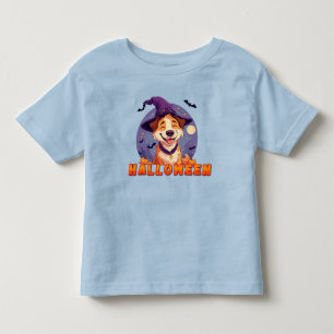 Camiseta Infantil Cachorro Feliz Usando Chapéu de Bruxa Celebrando o