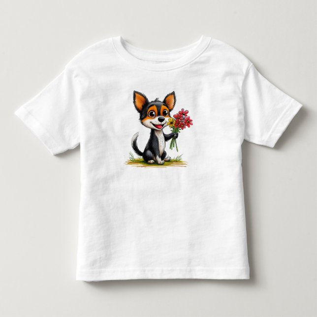 Camiseta Infantil Cachorro Fofo Com Flores Presente Para Crianças (Frente)