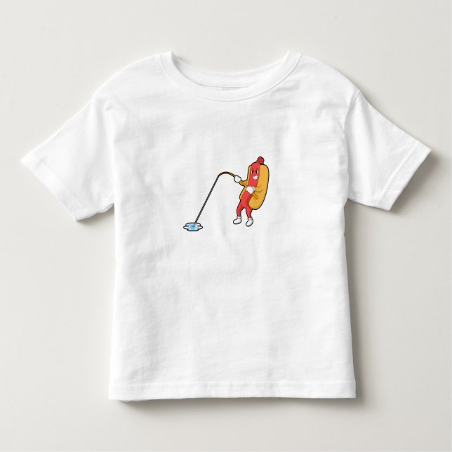 Camiseta Infantil Cachorro-quente na pesca com vara de pesca (Frente)