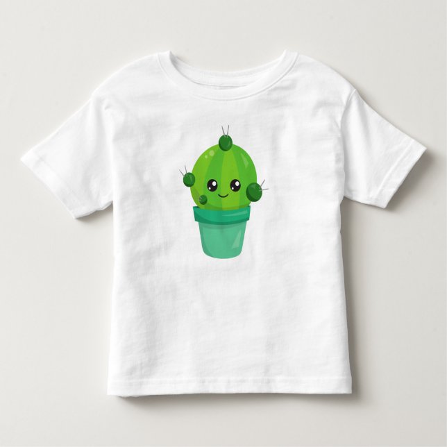 Camiseta Infantil Cactus Cute, Kawaii Cactus, Cactus Verde, Pote (Frente)