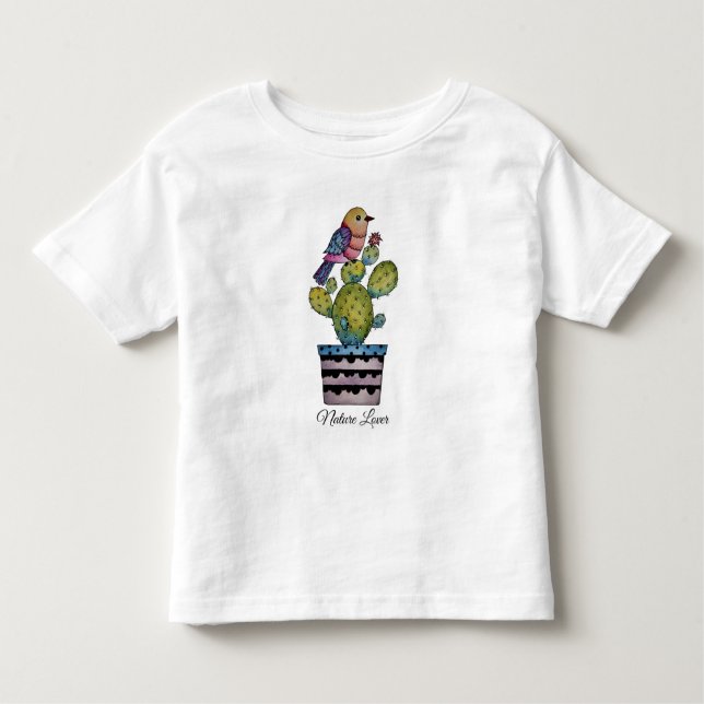 Camiseta Infantil Cactus E Ave Arco-Íris Em Aquarela (Frente)