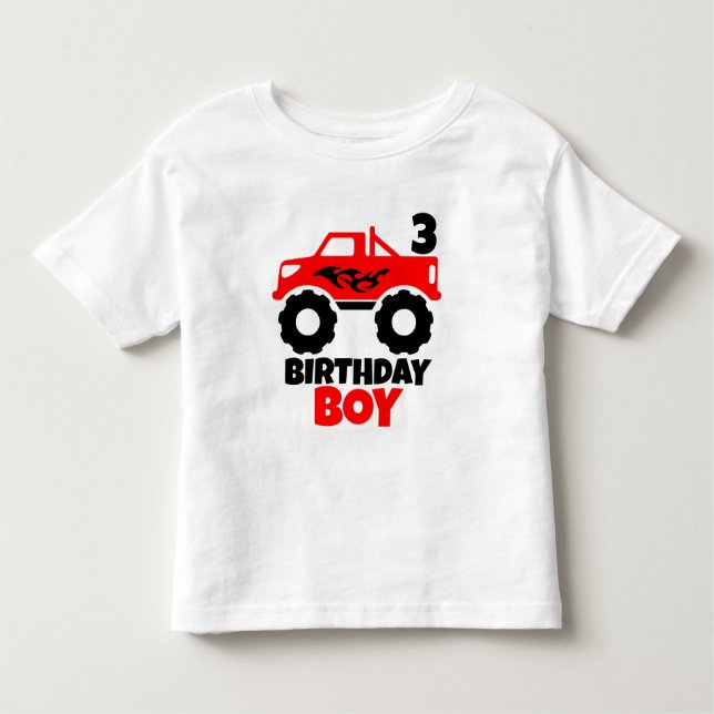 Camiseta Infantil Caminhão do Monstro Vermelho Birthday Boy com Idad (Frente)