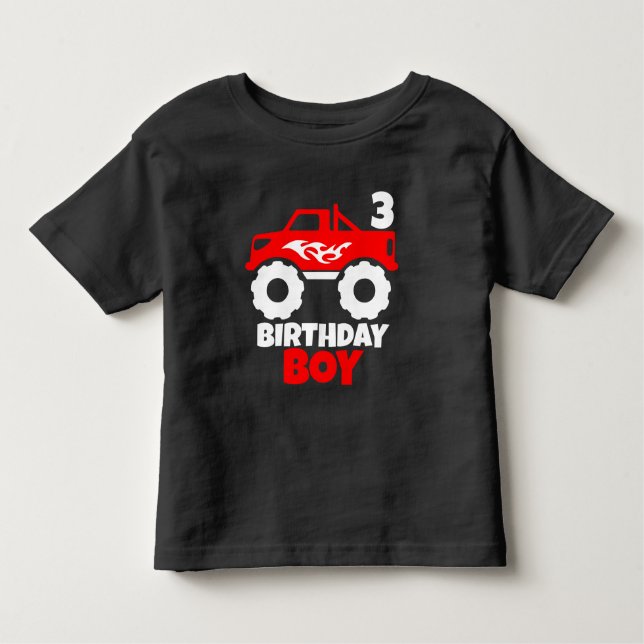 Camiseta Infantil Caminhão do Monstro Vermelho Birthday Boy com Pret (Frente)