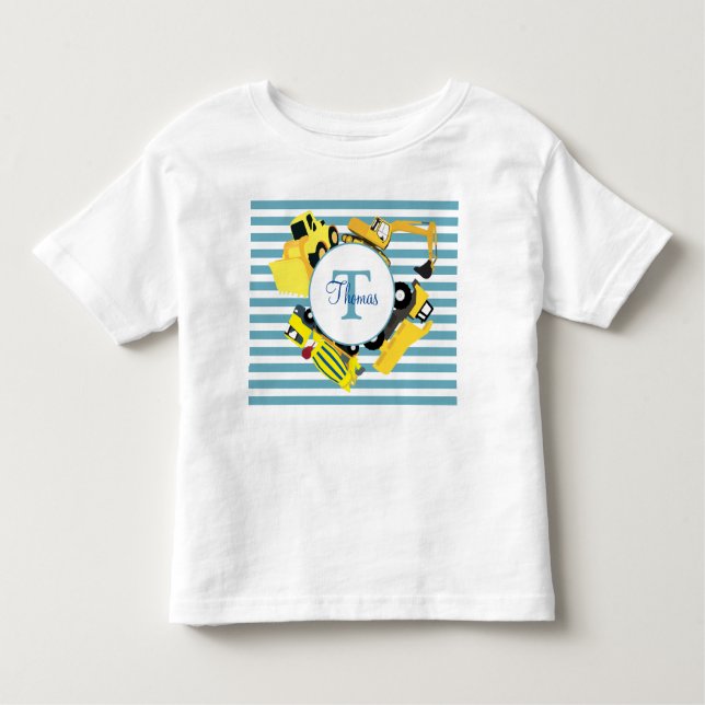Camiseta Infantil Caminhões de Construção Blue Stripes Monograma (Frente)