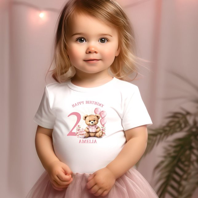 Camiseta Infantil Camiseta-de-criança de bebê de segundo rosa (Pink 2nd Bear Birthday Girl Toddler T-shirt)