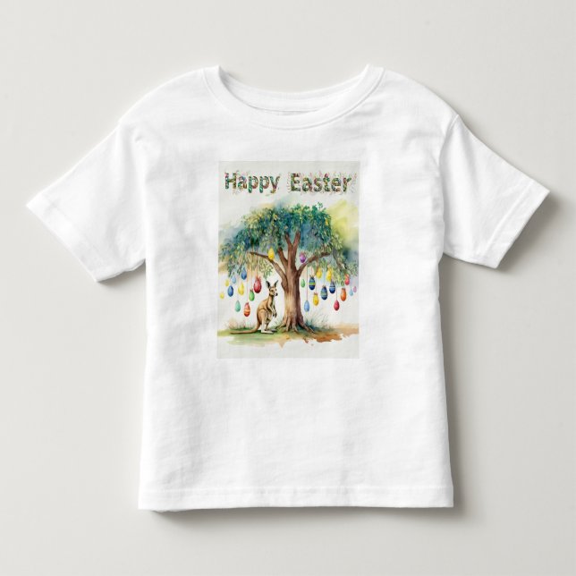 Camiseta Infantil Canguru sob a árvore de goma com ovos de Páscoa (Frente)