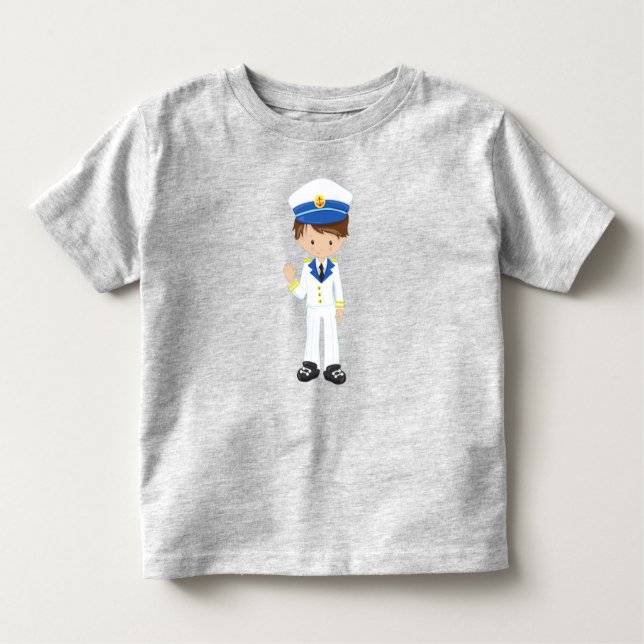 Camiseta Infantil Capitão de Barco, Capitão, Cabelo Marrom, Garoto B (Frente)