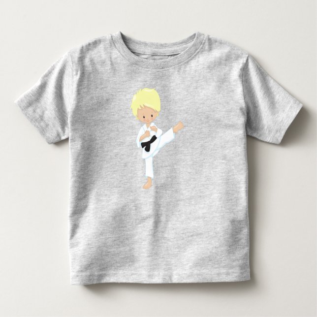 Camiseta Infantil Carateiro, Garoto Bonito, Cabelo Louro, Cinturão N (Frente)