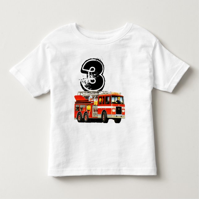 Camiseta Infantil Carro de bombeiros do vermelho do aniversário de 3 (Frente)