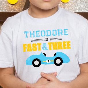 Camiseta Infantil Carro de Corrida Fast & Three 3º Aniversário