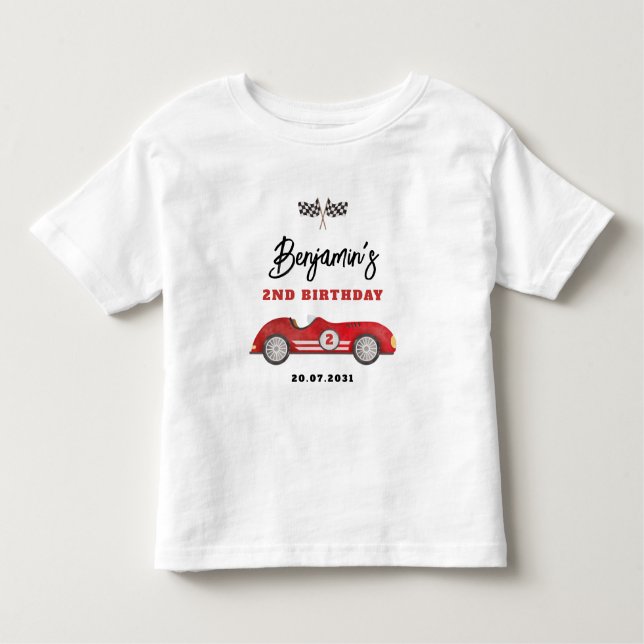 Camiseta Infantil Carro Vermelho Retroativo Dois segundo aniversário (Frente)