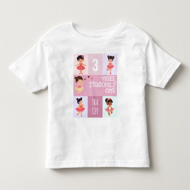 Camiseta Infantil Cartoon Rosa Pastel de Aniversário de 3 Anos Baila (Frente)