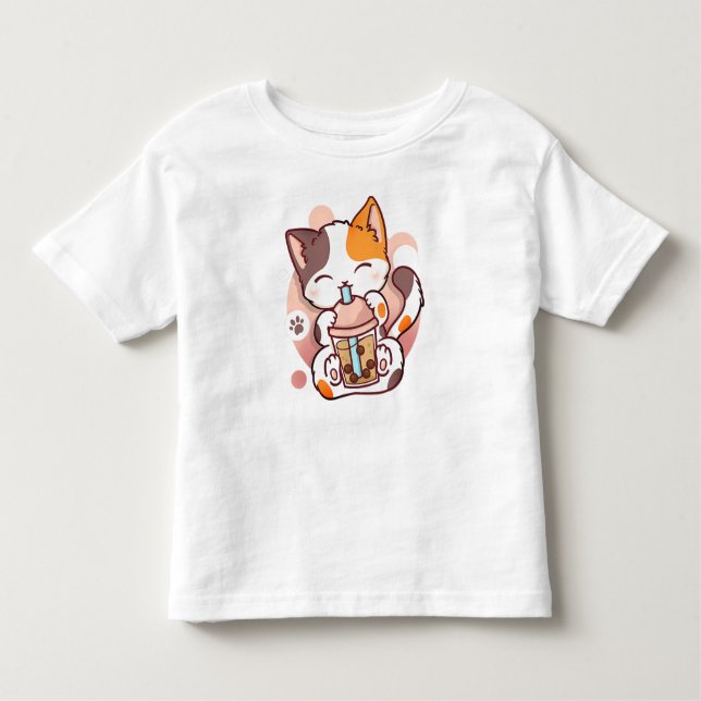 Camiseta Infantil Cat Boba Tea Bubble Tea Anime Kawaii Neko para Gar (Frente)