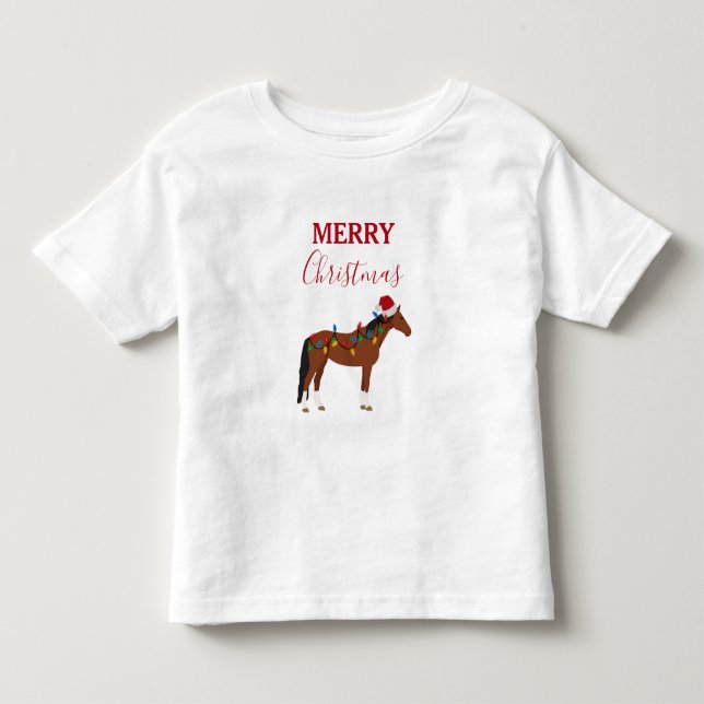 Camiseta Infantil Cavalo de Natal Chapéu do Papai Noel Luzes de Nata (Frente)