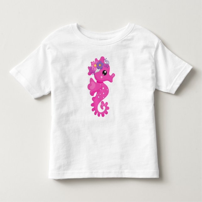 Camiseta Infantil Cavalo-marinho-Cinto, Cavalo-Cinto-Rosa, Flores, C (Frente)
