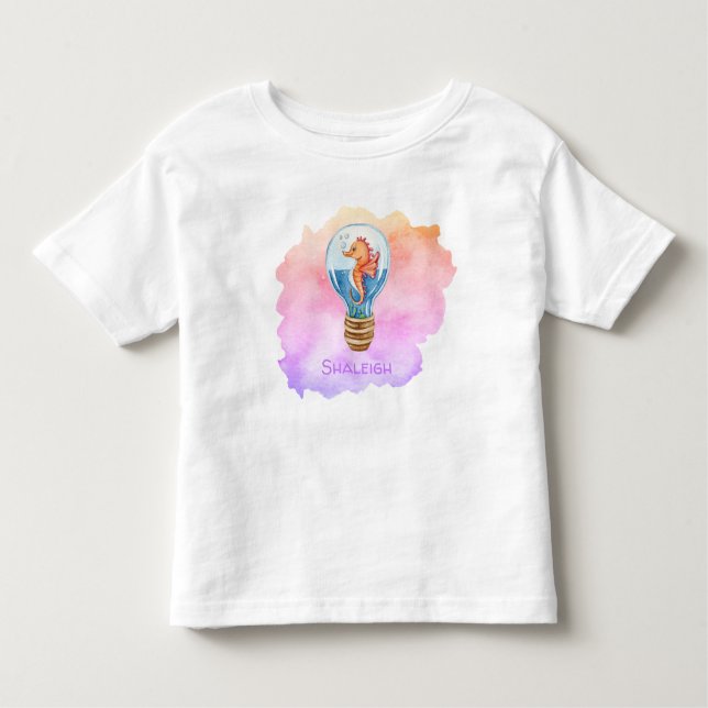 Camiseta Infantil Cavalo-marinho-Whimsic em Lightbulb em Aquarelas (Frente)