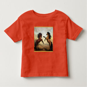 Camiseta Infantil Cavalos Friesianos Rascunhos num vale montanhoso