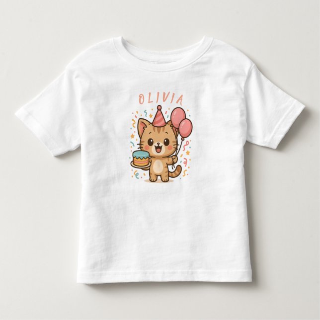 Camiseta Infantil Celebrar a Alegria: Gato Adorável com Balões e Bol (Frente)