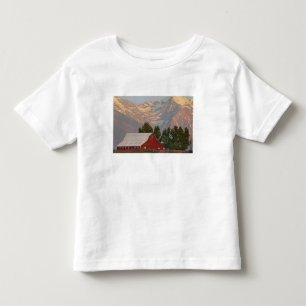 Camiseta Infantil Celeiro vermelho brilhante contra as Montanhas Mis