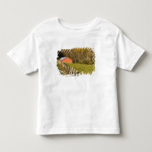 Camiseta Infantil Celeiro vermelho e fileira de cercas ao longo da B