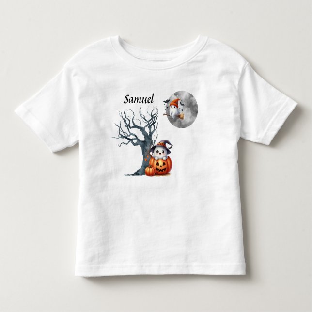 Camiseta Infantil Cena de Halloween - Monograma - Bebê Cute Fantasma (Frente)