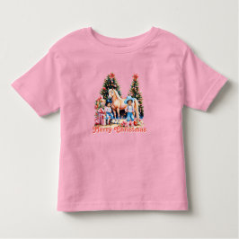 Camiseta Infantil Cena de Inverno da Vaqueira Negra Cavalo Feliz Nat