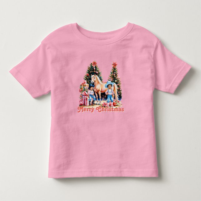 Camiseta Infantil Cena de Inverno da Vaqueira Preta Cavalo Feliz Nat (Frente)