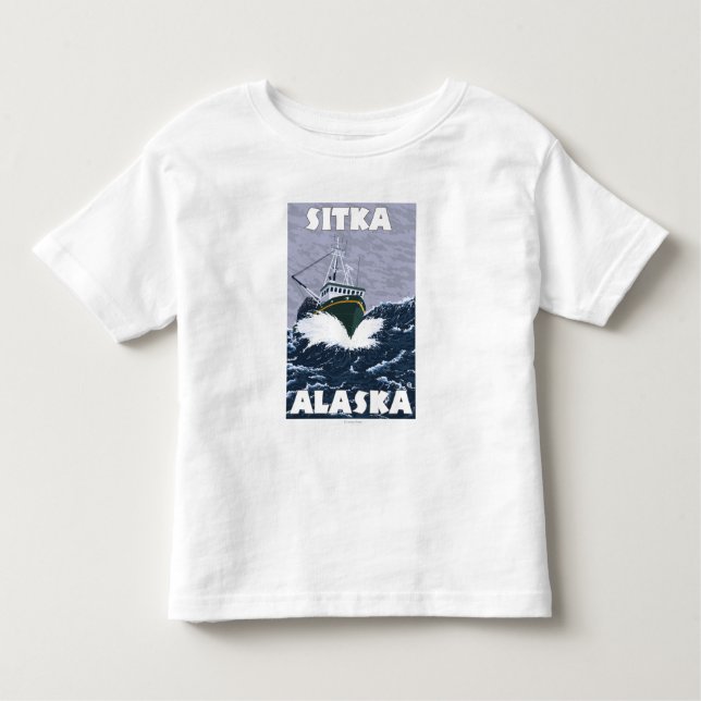 Camiseta Infantil Cena do barco de pesca - Sitka, Alaska (Frente)