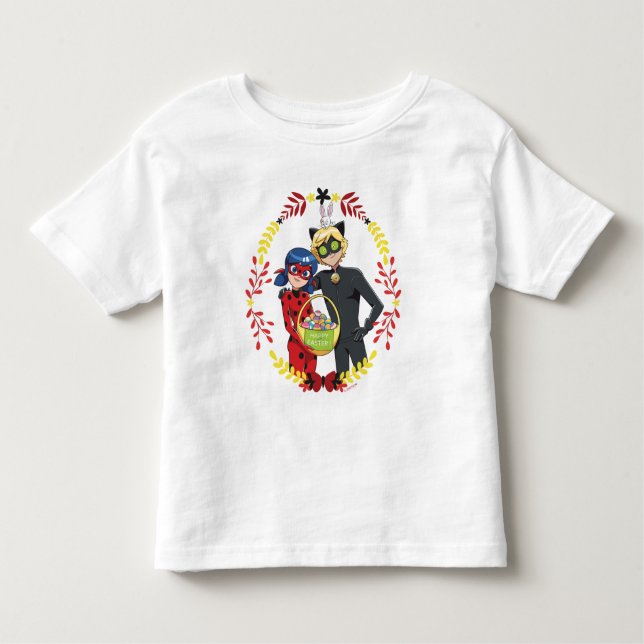Camiseta Infantil Cesta de Páscoa da Ladybug & Cat Noir (Frente)