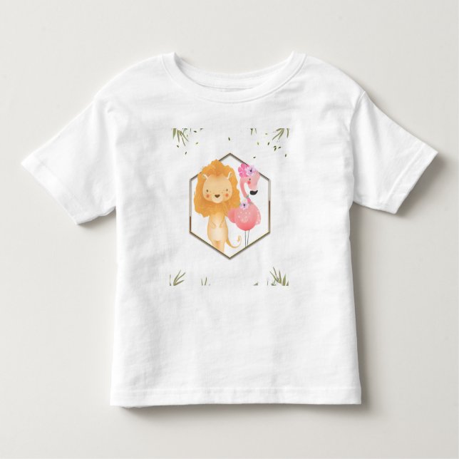 Camiseta Infantil Chá de Bebê de Flamingo e Leão com Aquarela Tropic (Frente)