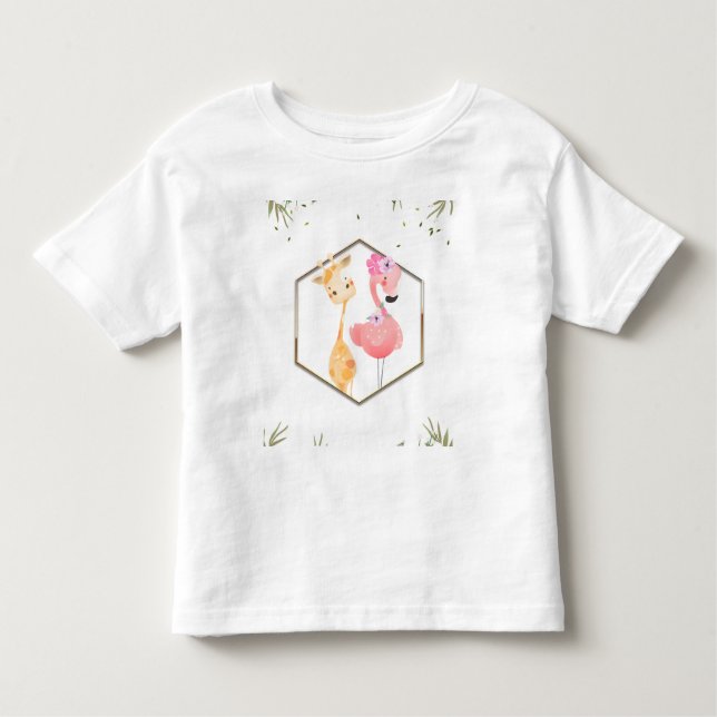 Camiseta Infantil Chá de Bebê de Flamingo & Girafa com Aquarela Trop (Frente)