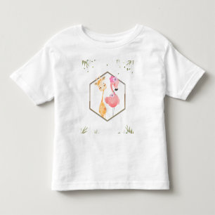 Camiseta Infantil Chá de Bebê Flamingo & Girafa Aquarela Tropical