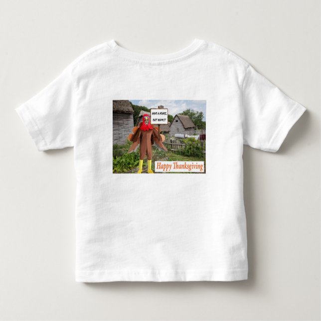 Camiseta Infantil chá infantil. Feliz Dia de Ação de Graças. (Verso)