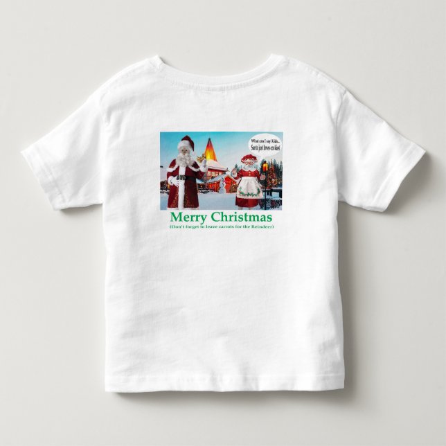 Camiseta Infantil chá infantil. Feliz Natal. Gatos/ sr. mrs. claus (Verso)