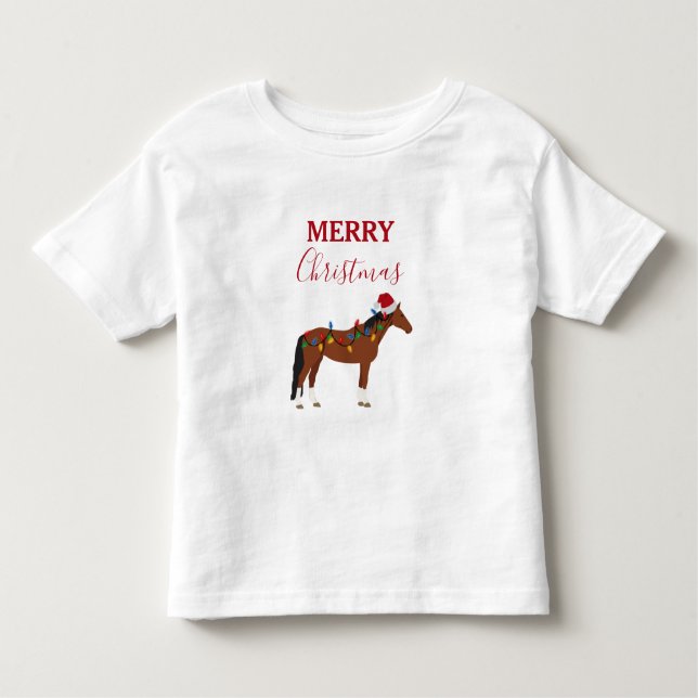 Camiseta Infantil Chapéu de Papai Noel de Natal Cavalo Luzes de Nata (Frente)