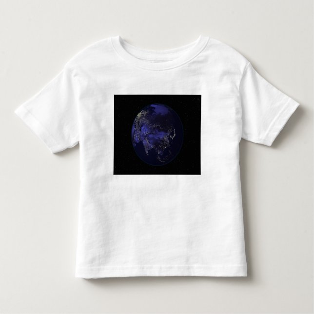 Camiseta Infantil Cheio Terra à noite mostrando luzes da cidade (Frente)