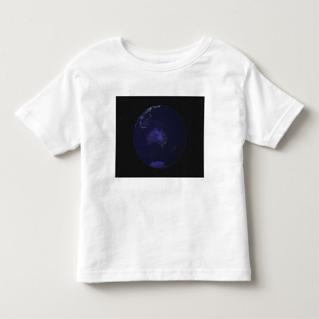 Camiseta Infantil Cheio Terra à noite mostrando luzes da cidade 2 (Frente)