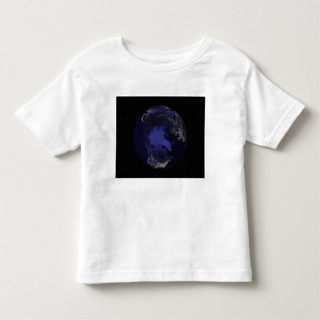 Camiseta Infantil Cheio Terra à noite mostrando luzes da cidade 5 (Frente)