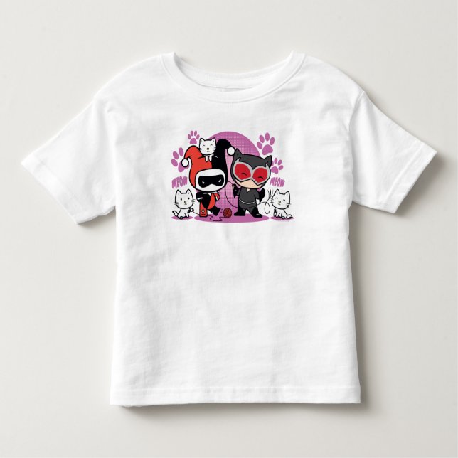Camiseta Infantil Chibi Harley Quinn & Chibi Catman Com Gatos (Frente)