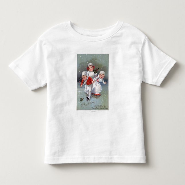 Camiseta Infantil ChristmasLittle alegre caçoa o patinagem no gelo (Frente)